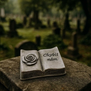 Dekorace na hrob – otevřená kniha s růží a nápisem Chybíš nám