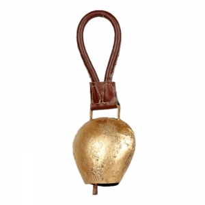 Kravský zvonec zlatý s koženou rukojetí 26cm